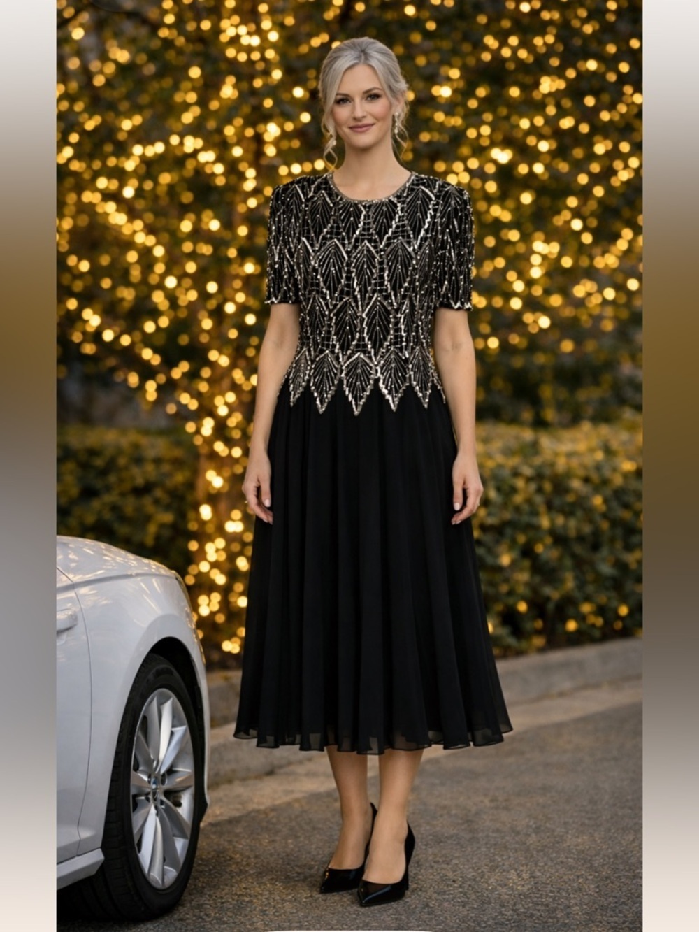 Vintage Laurence Kazar Women's Black and Silver Beaded Sequined Flowy
Dress